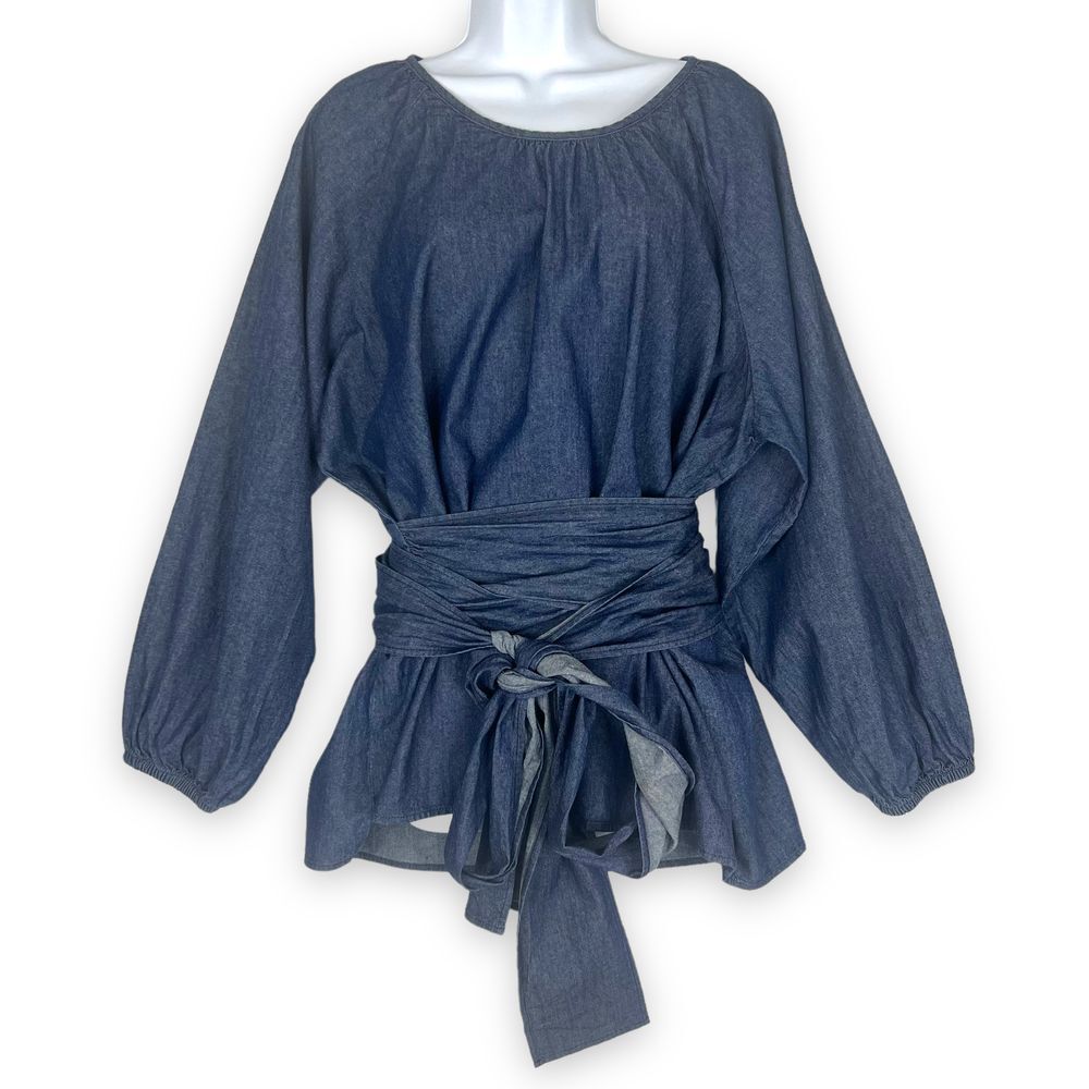 Eloquii Denim-Look Tie-Waist Peasant Blouse in Dark Blue - Picture 2 of 14